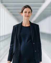 confident pregnant businesswoman navy blazer modern minimalist office corridor,corporate executive maternity business career work-life balance professional expecting mother workplace