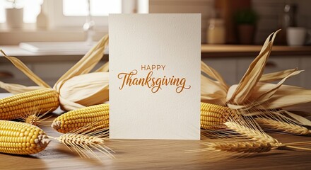A warm, inviting Thanksgiving scene, with a rustic theme. The word Thanksgiving in stylish calligraphy and warm color tones create a perfect backdrop for the festive season, filled with abundance.