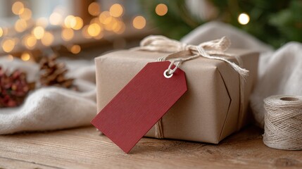 christmas gift wrapping present with warm rustic charm — kraft paper box tied with twine and red tag, soft bokeh lights — minimalist festive still life for holiday marketing, greeting, e‑commerce