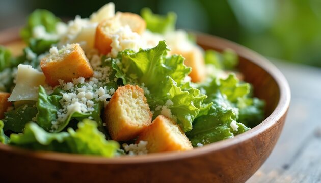Bowl with fresh caesar salad close up. Green lettuce, croutons and parmesan for diet. Healthy lunch and dinner. Food recipe concept for blog article about raw vegan eating.