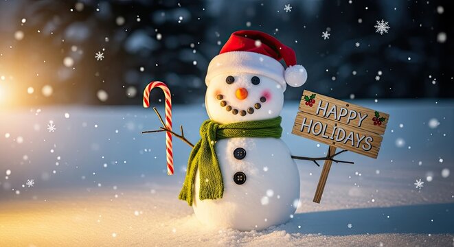 A festive snowman stands proudly, holding a candy cane and a Happy Holidays sign, surrounded by falling snowflakes in a winter wonderland. A perfect image for holiday greetings.