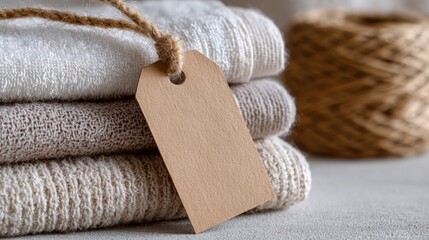 blank tag on folded towels – calm minimal product styling for eco home textiles branding, soft neutral cotton stack with jute twine, clean mockup for label design and retail