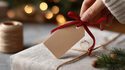 Christmas gift wrapping scene with hand tying red ribbon tag on linen present — cozy anticipation, macro close-up with golden bokeh, warm festive style for holiday marketing, e-commerce banners,