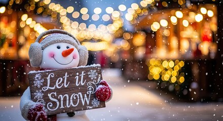 A whimsical snowman welcomes the winter season, a wooden sign in hand, inviting a world of festive charm. The snowy landscape and holiday market evoke feelings of cozy joy and seasonal delight.