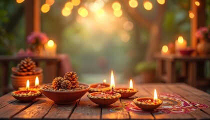 Earthen diyas with lit flames and pine cones adorn a rustic wooden table. Colorful rangoli pattern sits on table surface. Festive background with blurred warm lights.