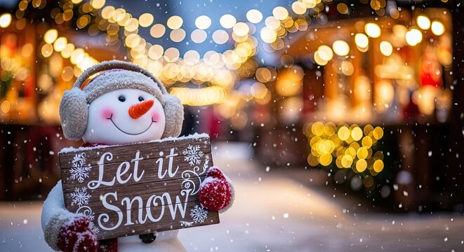 A whimsical snowman welcomes the winter season, a wooden sign in hand, inviting a world of festive charm. The snowy landscape and holiday market evoke feelings of cozy joy and seasonal delight.