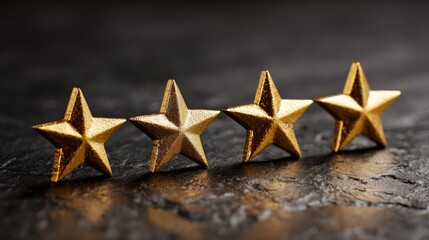 Four gold stars are arranged in a row on a black surface. The stars are shiny and stand out against the dark background. Concept of achievement and success