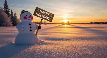 A jovial snowman stands proudly in a winter wonderland, holding a sign conveying warm holiday wishes against the backdrop of a serene sunset. Capturing the spirit of the season.