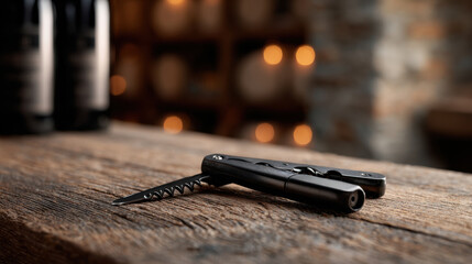 corkscrew, wine, cellar — Waiters corkscrew on rustic wooden bar, calm mood, professional product photography, showcasing premium wine service tool for hospitality branding and