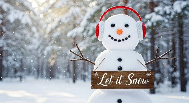 A cheerful snowman in a snowy woodland scene, wearing earmuffs and holding a Let it Snow sign, embodies the winter spirit. Capturing a season of wonder and joy.