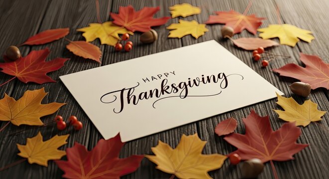 A heartwarming Thanksgiving scene with an autumnal arrangement of colorful leaves and the welcoming message of Thanksgiving.