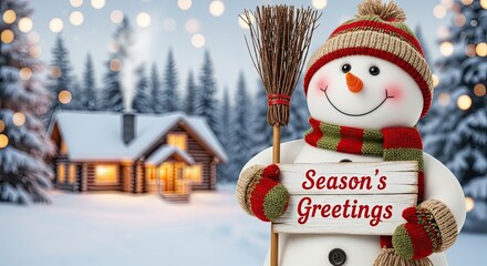 A charming snowman with a whimsical smile and a festive message in a snowy landscape. The heartwarming scene evokes feelings of winter, joy, and the spirit of the season.