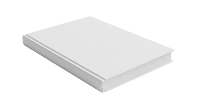 A closed blank white hardcover book with a slightly angled perspective isolated on a transparent background