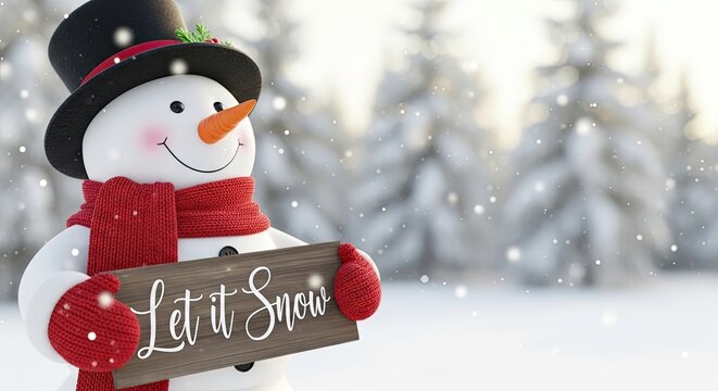 A whimsical snowman, adorned with a top hat and scarf, stands in a serene winter wonderland, holding a sign that reads Let it Snow. It evokes feelings of joy and anticipation.