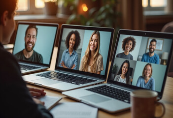 A person participating in a virtual team meeting on three laptops with different participants in grid mode – A cozy home office with a cup of coffee.