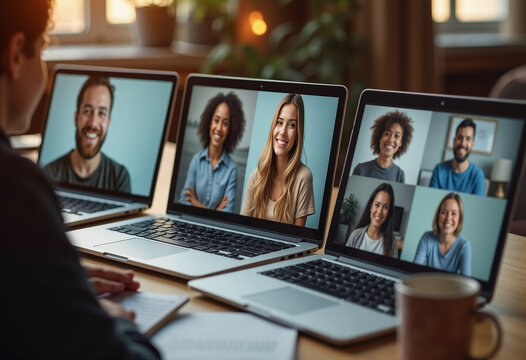 A person participating in a virtual team meeting on three laptops with different participants in grid mode – A cozy home office with a cup of coffee.
