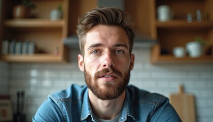 Obraz premium Bearded man poses in kitchen. Young adult video call indoors. Online meeting participants use remote communication. Freelancer works from home, uses conference for virtual meeting, looks at camera.