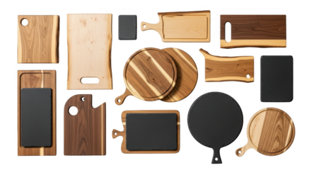 Assortment of wooden and slate cutting boards and serving platters isolated on a transparent background 1