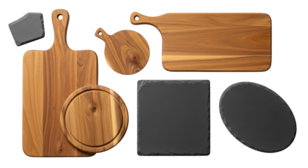 Assortment of wooden and slate cutting boards and serving platters isolated on a transparent background