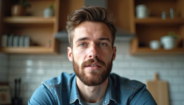 Bearded man poses in kitchen. Young adult video call indoors. Online meeting participants use remote communication. Freelancer works from home, uses conference for virtual meeting, looks at camera.