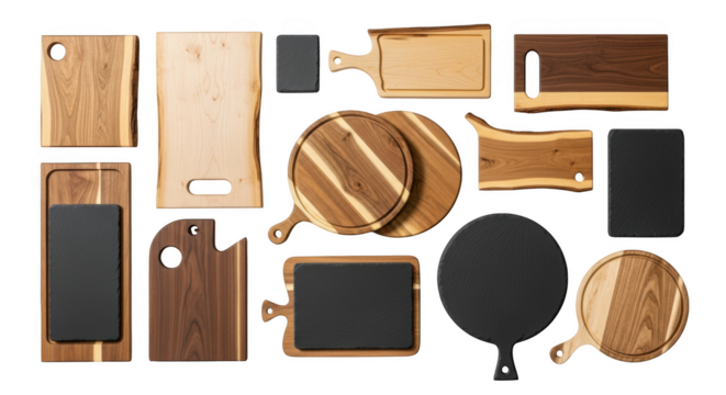 Assortment of wooden and slate cutting boards and serving platters isolated on a transparent background 1