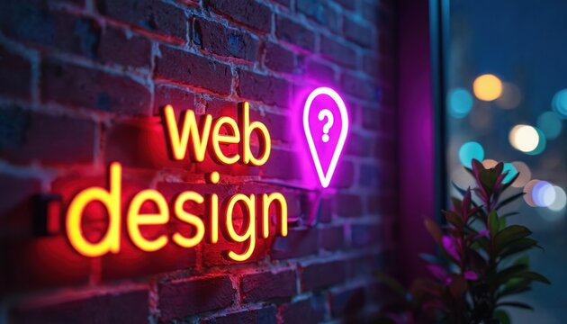 Illuminated neon sign on brick wall displays web design text. Bright glowing sign with question mark symbol. Urban night scene showcasing digital marketing and modern tech.