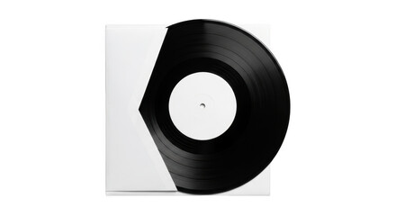Black vinyl record with white label partially in white sleeve isolated on a transparent background record sleeve