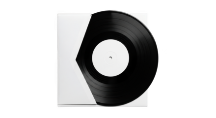 Black vinyl record with white label partially in white sleeve isolated on a transparent background record sleeve