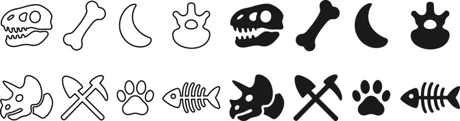 Dinosaur and Fossil Icon Set , Dinosaur icons , Skull Icon Set , Archaeology Icons , Dinosaur Icons , Fossil Symbols , Outline and Filled Styles of Skulls, Bones, Pickaxes, Paw Prints, Moons, and Fish © Albert
