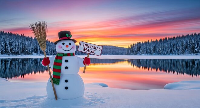 A whimsical snowman, a cheerful embodiment of winter's charm, stands proudly before a picturesque, serene snow-covered landscape, a symbol of seasonal cheer.
