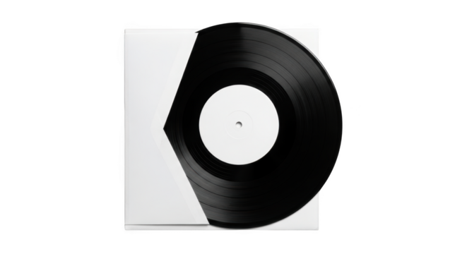 Black vinyl record with white label partially in white sleeve isolated on a transparent background record sleeve - Powered by Adobe