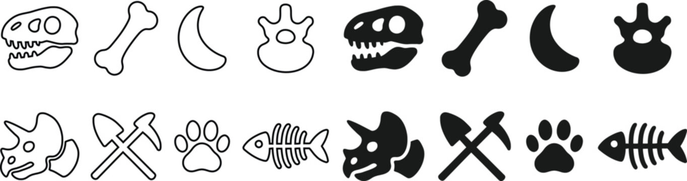 Dinosaur and Fossil Icon Set , Dinosaur icons , Skull Icon Set , Archaeology Icons , Dinosaur Icons , Fossil Symbols , Outline and Filled Styles of Skulls, Bones, Pickaxes, Paw Prints, Moons, and Fish