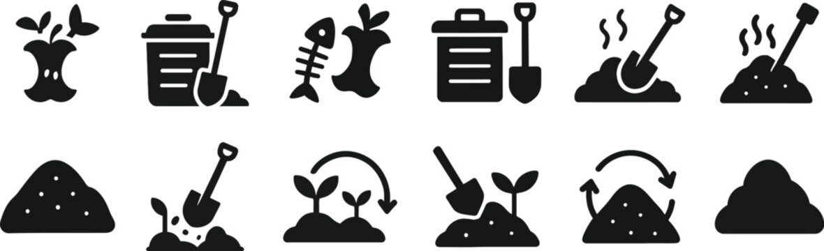 Composting  Icon Set , Gardening Icon Set , Organic Waste Graphics , Decomposing Food Vector , Sustainable Gardening Icons, Black Line Symbols of Organic Waste, Compost Bins, Shovels, Steam, and Soil 