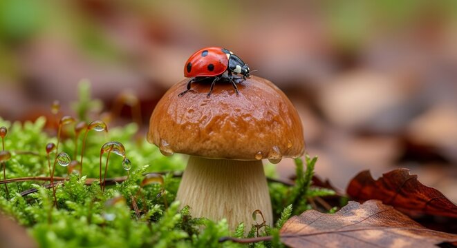 A Ladybug Perched Atop A Mushroom, Surrounded By Lush Greenery And Leaves