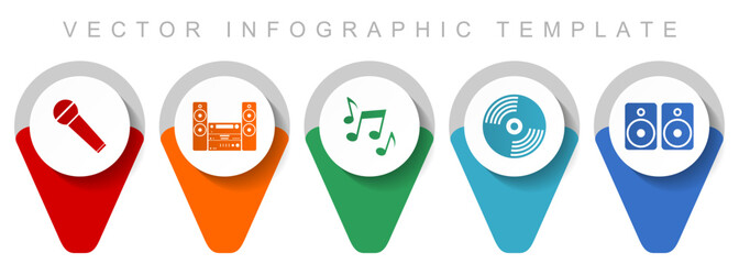 Flat vector infographic template with multimedia and music icons — microphone, stereo system, musical notes, vinyl record, and speakers design for audio, podcast, and entertainment concepts.