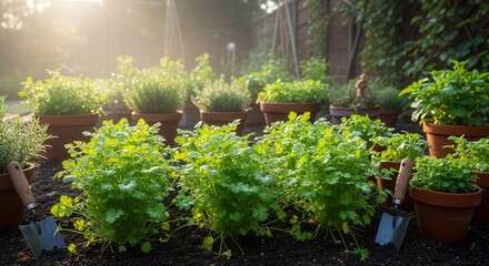 A Lush Herb Garden Bathed in Sunlight Showcasing Greenery and Gardening Tools