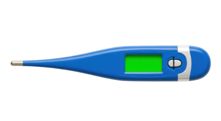 Blue digital thermometer with green screen and silver tip isolated on a transparent background image