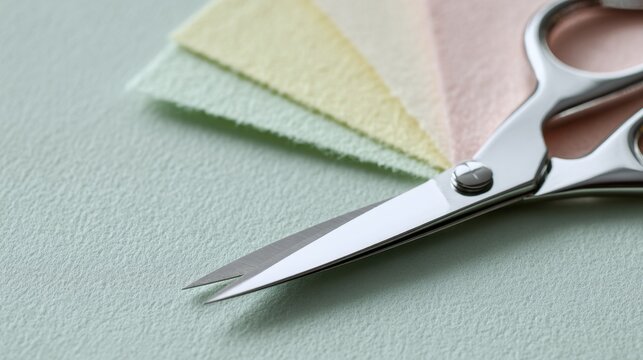 Craft scissors felt closeup - precision steel blades with pastel textile fabric swatches, calm clean minimal macro style, ideal for handmade sewing, DIY craft tutorials, pattern cutting