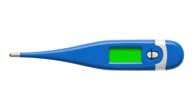 Blue digital thermometer with green screen and silver tip isolated on a transparent background image