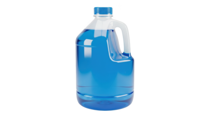 Blue liquid in a clear plastic jug with a white handle and blue cap isolated on a transparent background