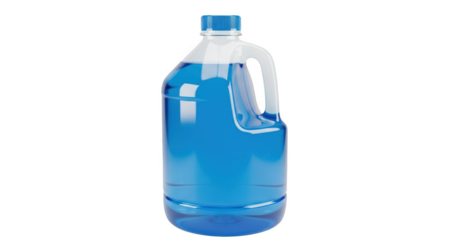 Blue liquid in a clear plastic jug with a white handle and blue cap isolated on a transparent background