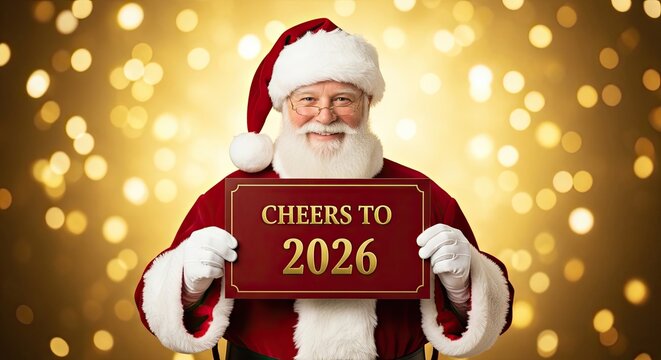 A jolly figure, embodies the festive spirit, holding a sign conveying warm wishes for a new year, against a backdrop of shimmering lights.