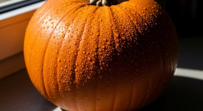 A Magnificent Pumpkins With Beadlets of Water Shimmers Against an Autumnal Backdrop