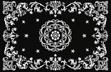 Black bandana with white ornate floral symmetrical pattern. Central mandala design bordered by intricate swirling flourishes. Stars scattered across fabric.