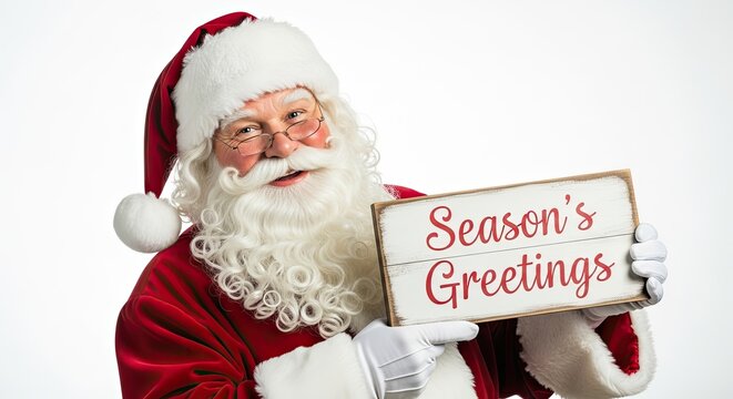 Jolly Santa Claus conveys Season's Greetings holding a sign that evokes joy and festive cheer. A heartwarming scene captures the essence of Christmas, ready to spread seasonal goodwill and cheer.