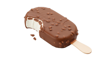 Chocolate covered ice cream bar with a bite taken out and nuts isolated on a transparent background frozen