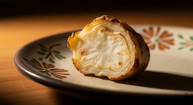 A Close-Up View Of A Partially Cut Plant Bulb Resting On A Decorative Plate