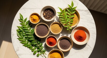 A Culinary Harmony Of Spices And Herbs Artfully Arranged On A Refined Marble Surface