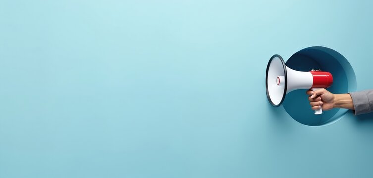 Business hand holds red, white megaphone from circular hole in light blue wall. Represents making announcements, urgent news, important messages. Ample copy space for advertising, job postings,