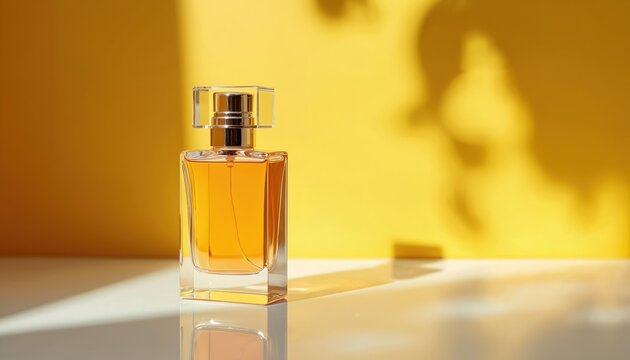 Elegant glass perfume bottle with amber liquid. Bright yellow background with soft leaf shadows. Minimalist studio product shot for beauty or fragrance.